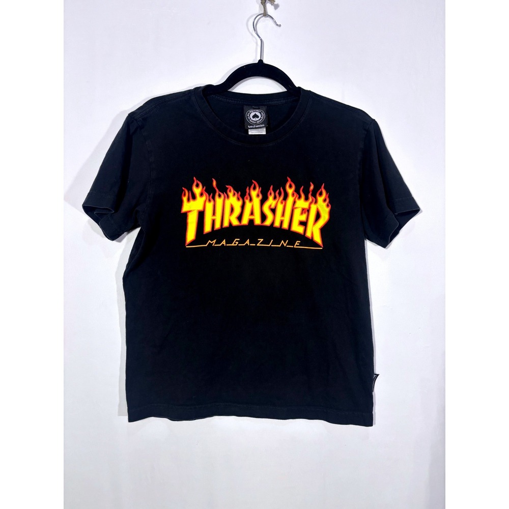 Grunge Skater Streetwear Thrasher Flame Logo T-Shirt Womens Small Black